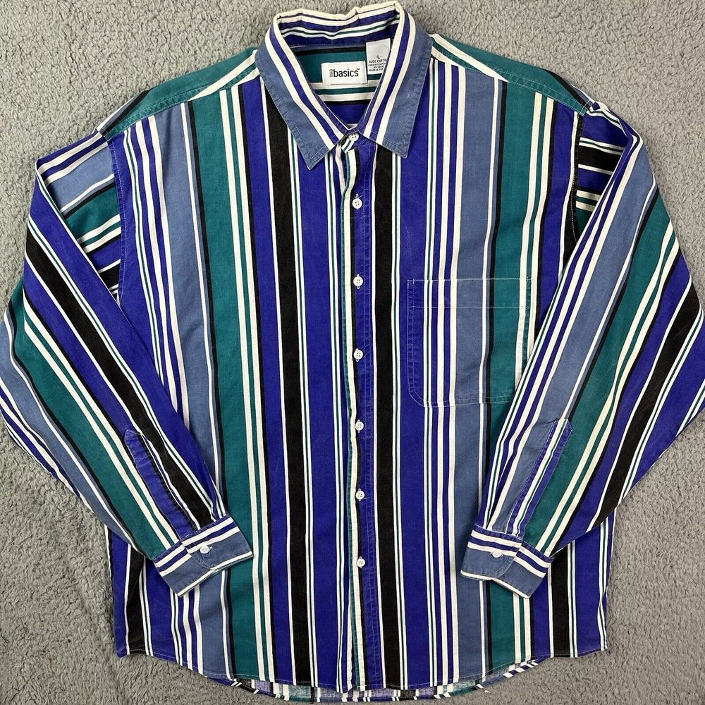 Vintage‎ 90s TREND BASICS Striped Long Sleeve Button Shirt Blue Men's Large